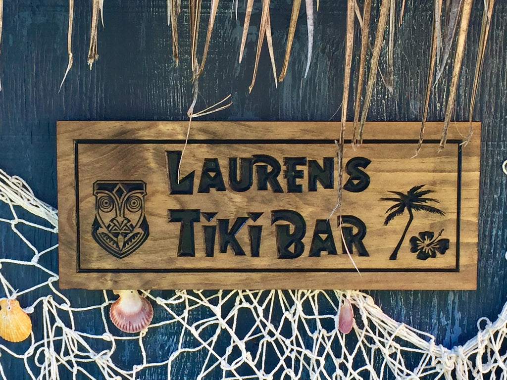 Custom wooden carved tiki bar sign, Hawaiian-inspired outdoor plaques, Tropical decor, personalized Luau sign, Aloha Welcome signs