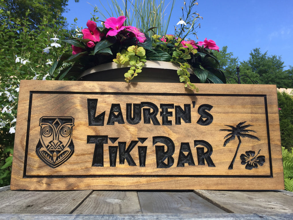 Custom wooden carved tiki bar sign, Hawaiian-inspired outdoor plaques, Tropical decor, personalized Luau sign, Aloha Welcome signs
