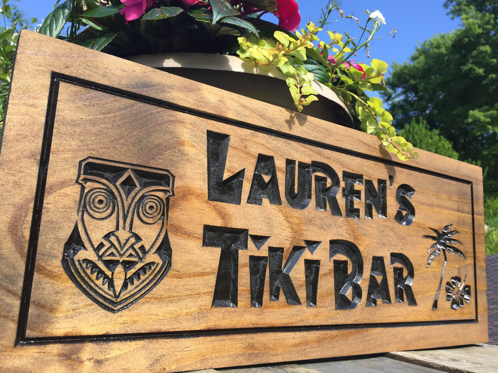 Custom wooden carved tiki bar sign, Hawaiian-inspired outdoor plaques, Tropical decor, personalized Luau sign, Aloha Welcome signs