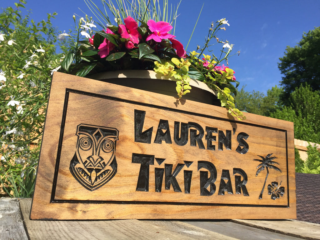 Custom wooden carved tiki bar sign, Hawaiian-inspired outdoor plaques, Tropical decor, personalized Luau sign, Aloha Welcome signs