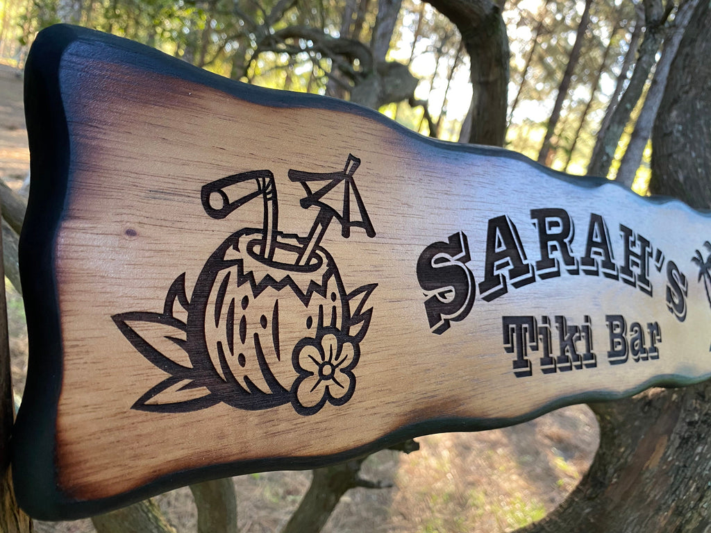 Personalized Tiki Bar Sign, Custom Cocktail Paradise Decor, Pool Side Sign,  Palm Trees, Coconut, Island Decor, Bar and Grill Name