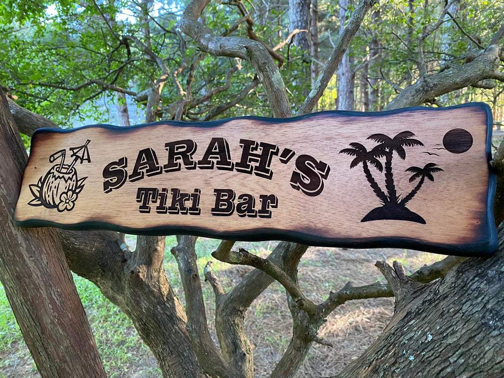 Personalized Tiki Bar Sign, Custom Cocktail Paradise Decor, Pool Side Sign,  Palm Trees, Coconut, Island Decor, Bar and Grill Name