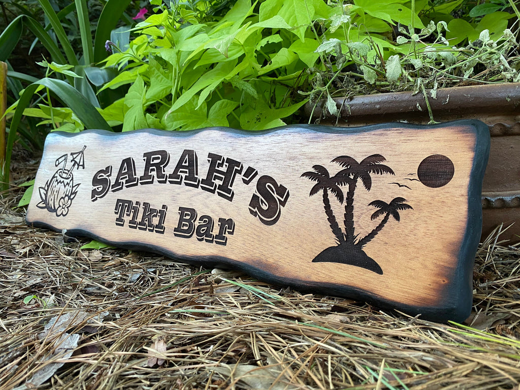 Personalized Tiki Bar Sign, Custom Cocktail Paradise Decor, Pool Side Sign,  Palm Trees, Coconut, Island Decor, Bar and Grill Name