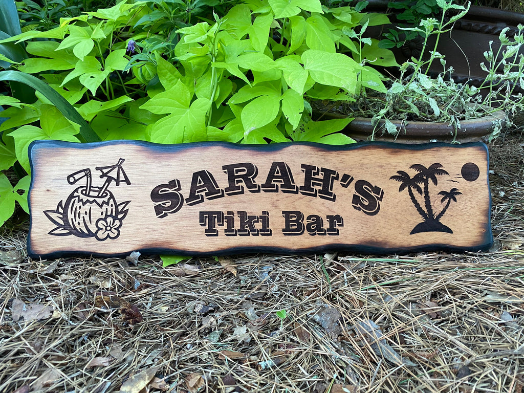 Personalized Tiki Bar Sign, Custom Cocktail Paradise Decor, Pool Side Sign,  Palm Trees, Coconut, Island Decor, Bar and Grill Name