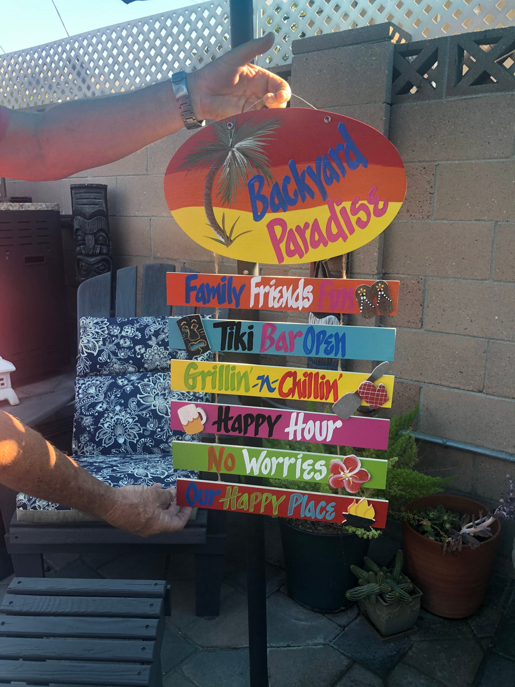 Backyard Paradise Hand Painted Wood Wall Hanger sign Personalized Tiki Bar Sign Outdoor Tropical Decor Deck Patio Handmade Sign Custom Signs