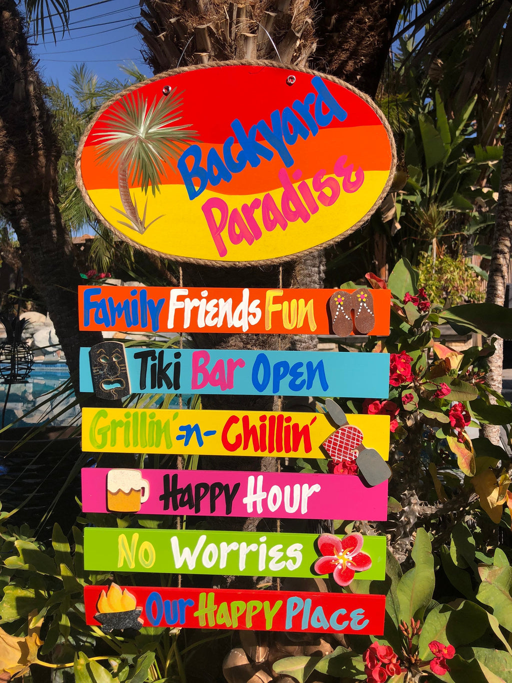 Backyard Paradise Hand Painted Wood Wall Hanger sign Personalized Tiki Bar Sign Outdoor Tropical Decor Deck Patio Handmade Sign Custom Signs