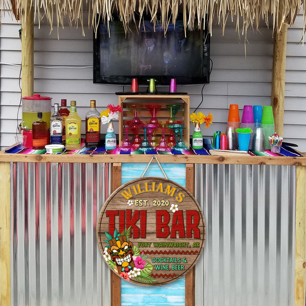 Tiki Bar Wooden Sign, Eat Drink Chill Round Wood Signs, Décor for Backyard Poolside Tiki Hut Beach Bar Pub, Tiki Bar Open, Custom Bar Sign