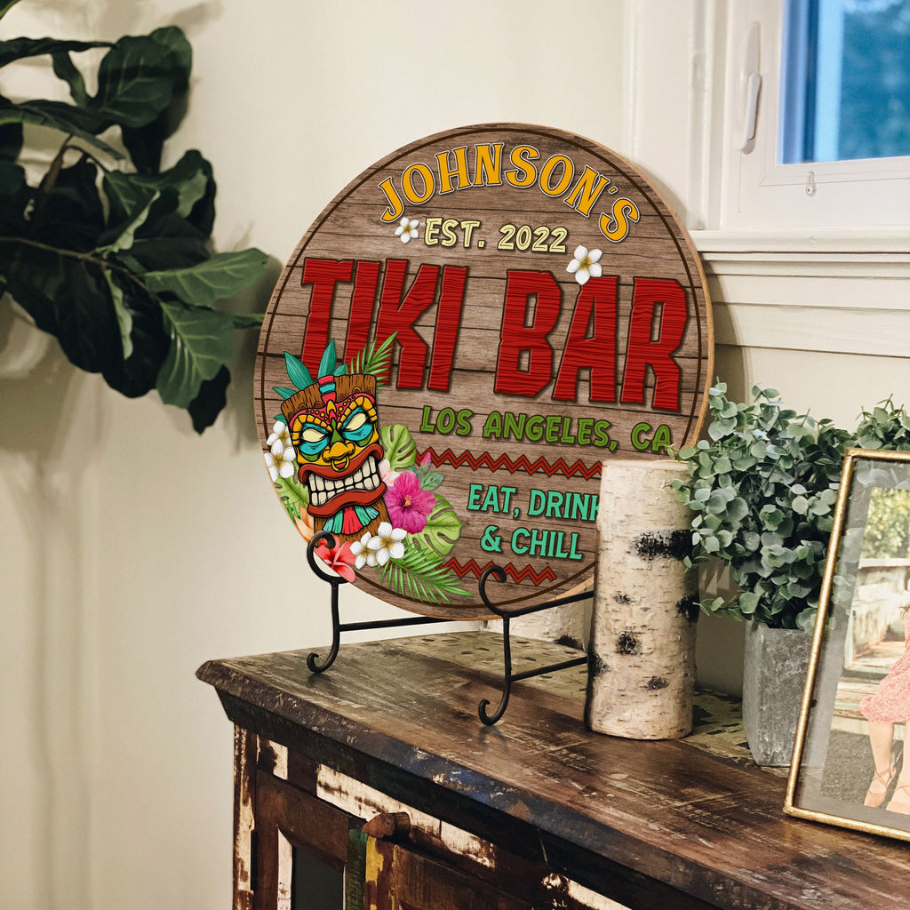 Tiki Bar Wooden Sign, Eat Drink Chill Round Wood Signs, Décor for Backyard Poolside Tiki Hut Beach Bar Pub, Tiki Bar Open, Custom Bar Sign