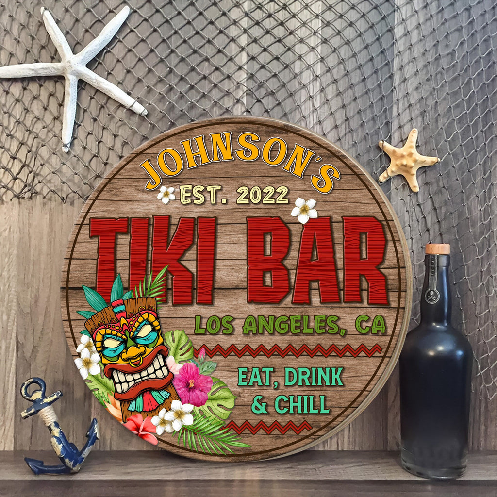 Tiki Bar Wooden Sign, Eat Drink Chill Round Wood Signs, Décor for Backyard Poolside Tiki Hut Beach Bar Pub, Tiki Bar Open, Custom Bar Sign