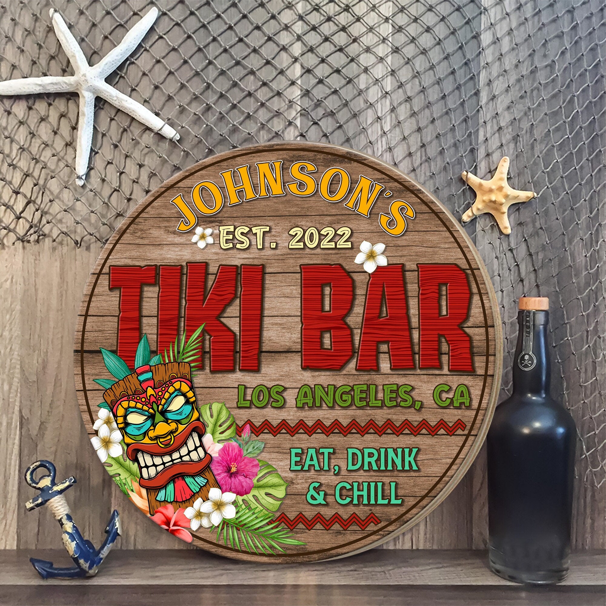 Tiki Bar Wooden Sign, Eat Drink Chill Round Wood Signs, Décor for Backyard Poolside Tiki Hut Beach Bar Pub, Tiki Bar Open, Custom Bar Sign