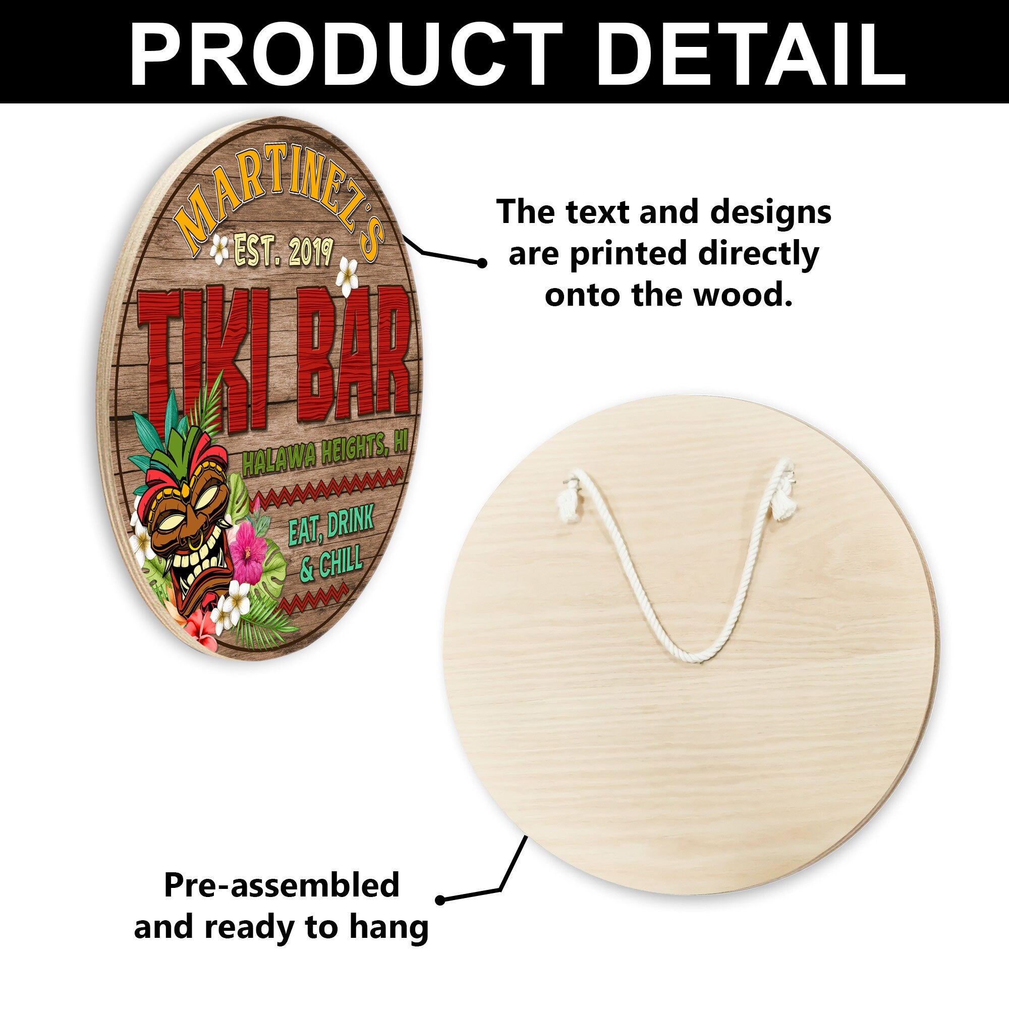 Tiki Bar Wooden Sign, Eat Drink Chill Round Wood Signs, Décor for Backyard Poolside Tiki Hut Beach Bar Pub, Tiki Bar Open, Custom Bar Sign