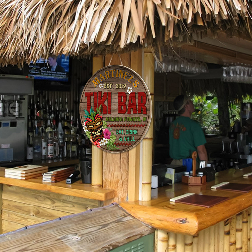 Tiki Bar Wooden Sign, Eat Drink Chill Round Wood Signs, Décor for Backyard Poolside Tiki Hut Beach Bar Pub, Tiki Bar Open, Custom Bar Sign