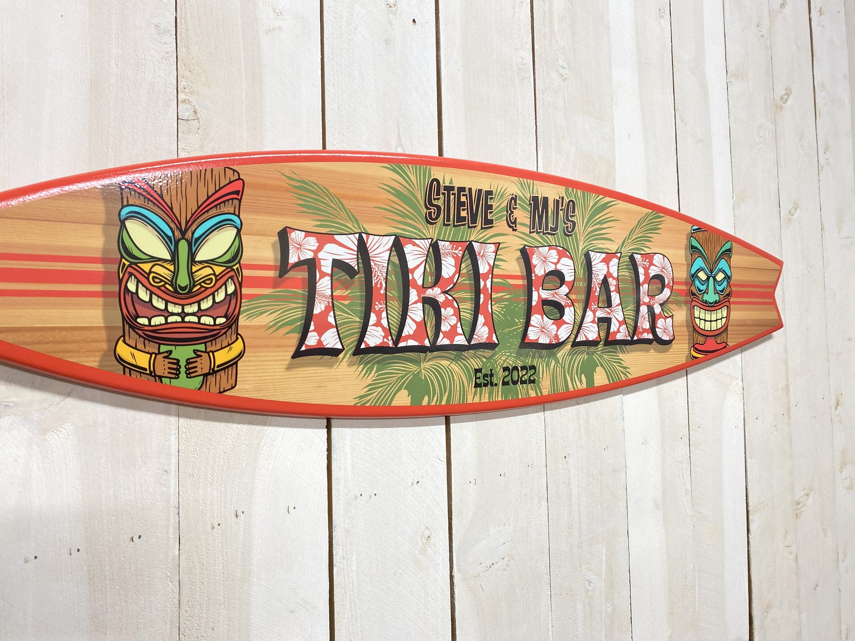 Surfboard Tropical Bar theme, wall art personalized Tiki signs, wooden surfboards,  coastal beach decor, beach tiki decor, surf decor