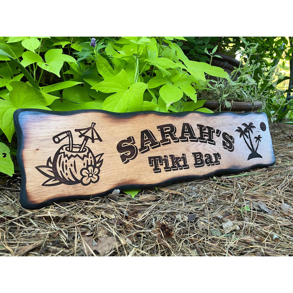 Personalized Tiki Bar Sign, Custom Cocktail Paradise Decor, Pool Side Sign,  Palm Trees, Coconut, Island Decor, Bar and Grill Name