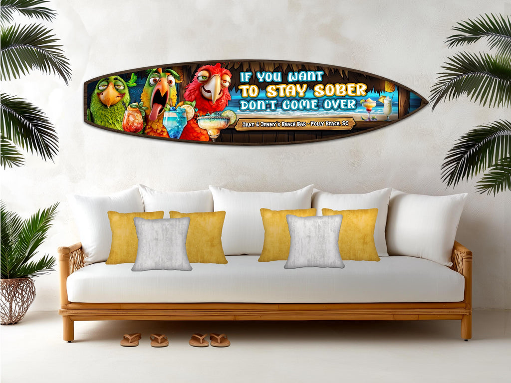 Custom Tiki or Beach Bar Sign, Personalized Wooden Surfboard Wall Art, Fun Patio Sign, Parrot and Cocktails, Beach and Coastal Decor