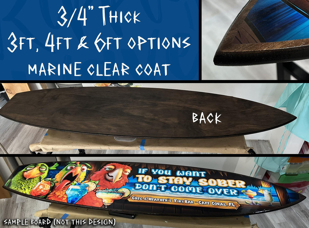 Custom Tiki or Beach Bar Sign, Personalized Wooden Surfboard Wall Art, Fun Patio Sign, Parrot and Cocktails, Beach and Coastal Decor
