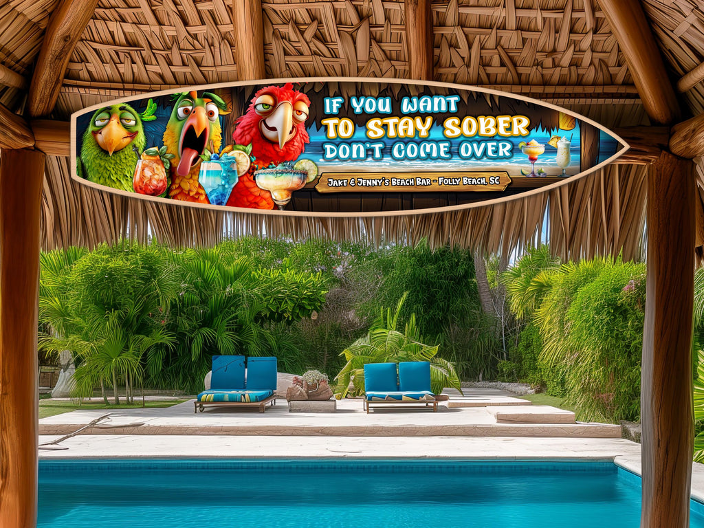 Custom Tiki or Beach Bar Sign, Personalized Wooden Surfboard Wall Art, Fun Patio Sign, Parrot and Cocktails, Beach and Coastal Decor