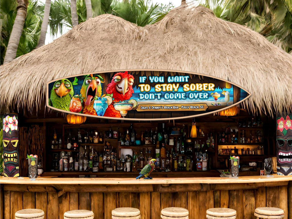 Custom Tiki or Beach Bar Sign, Personalized Wooden Surfboard Wall Art, Fun Patio Sign, Parrot and Cocktails, Beach and Coastal Decor