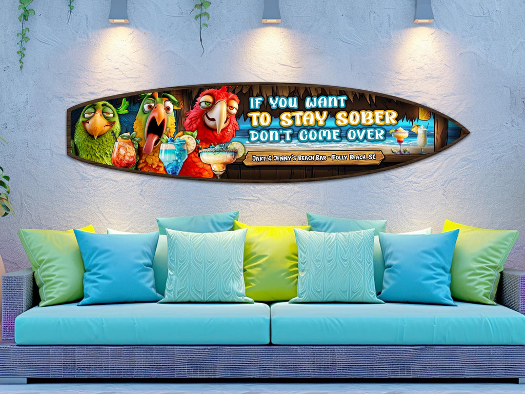 Custom Tiki or Beach Bar Sign, Personalized Wooden Surfboard Wall Art, Fun Patio Sign, Parrot and Cocktails, Beach and Coastal Decor