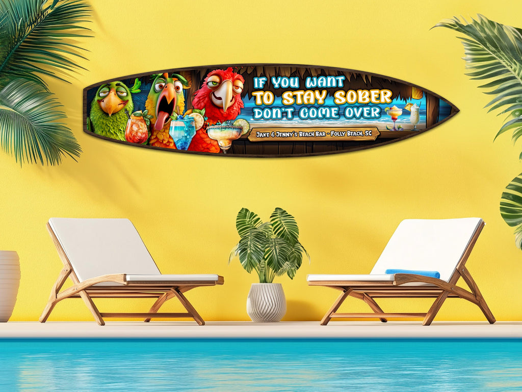 Custom Tiki or Beach Bar Sign, Personalized Wooden Surfboard Wall Art, Fun Patio Sign, Parrot and Cocktails, Beach and Coastal Decor