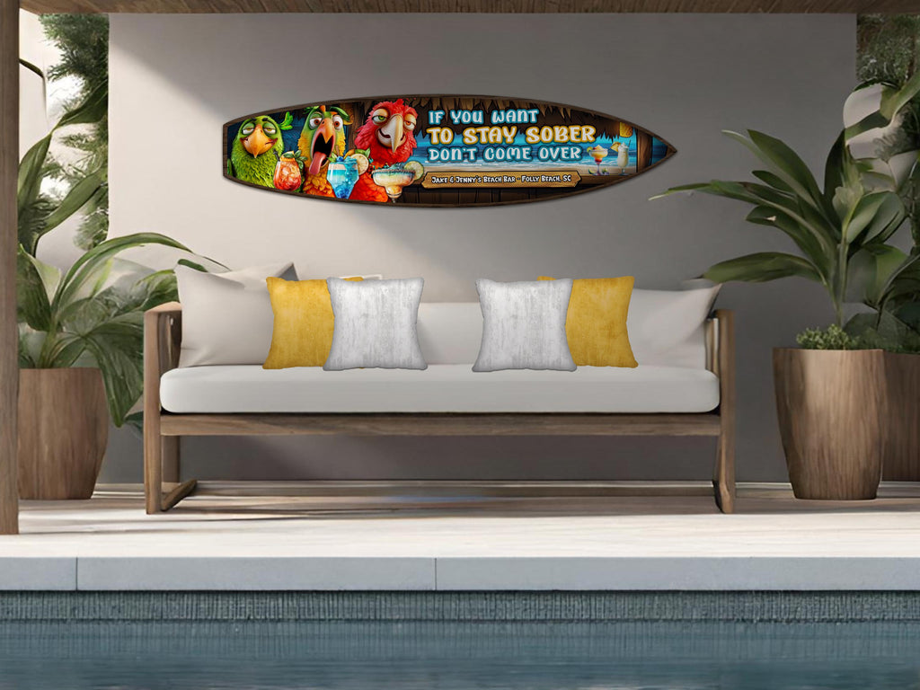 Custom Tiki or Beach Bar Sign, Personalized Wooden Surfboard Wall Art, Fun Patio Sign, Parrot and Cocktails, Beach and Coastal Decor