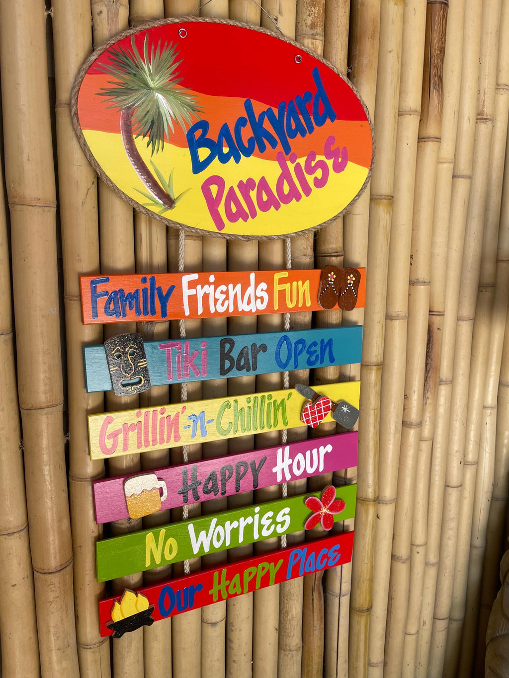 Backyard Paradise Hand Painted Wood Wall Hanger sign Personalized Tiki Bar Sign Outdoor Tropical Decor Deck Patio Handmade Sign Custom Signs