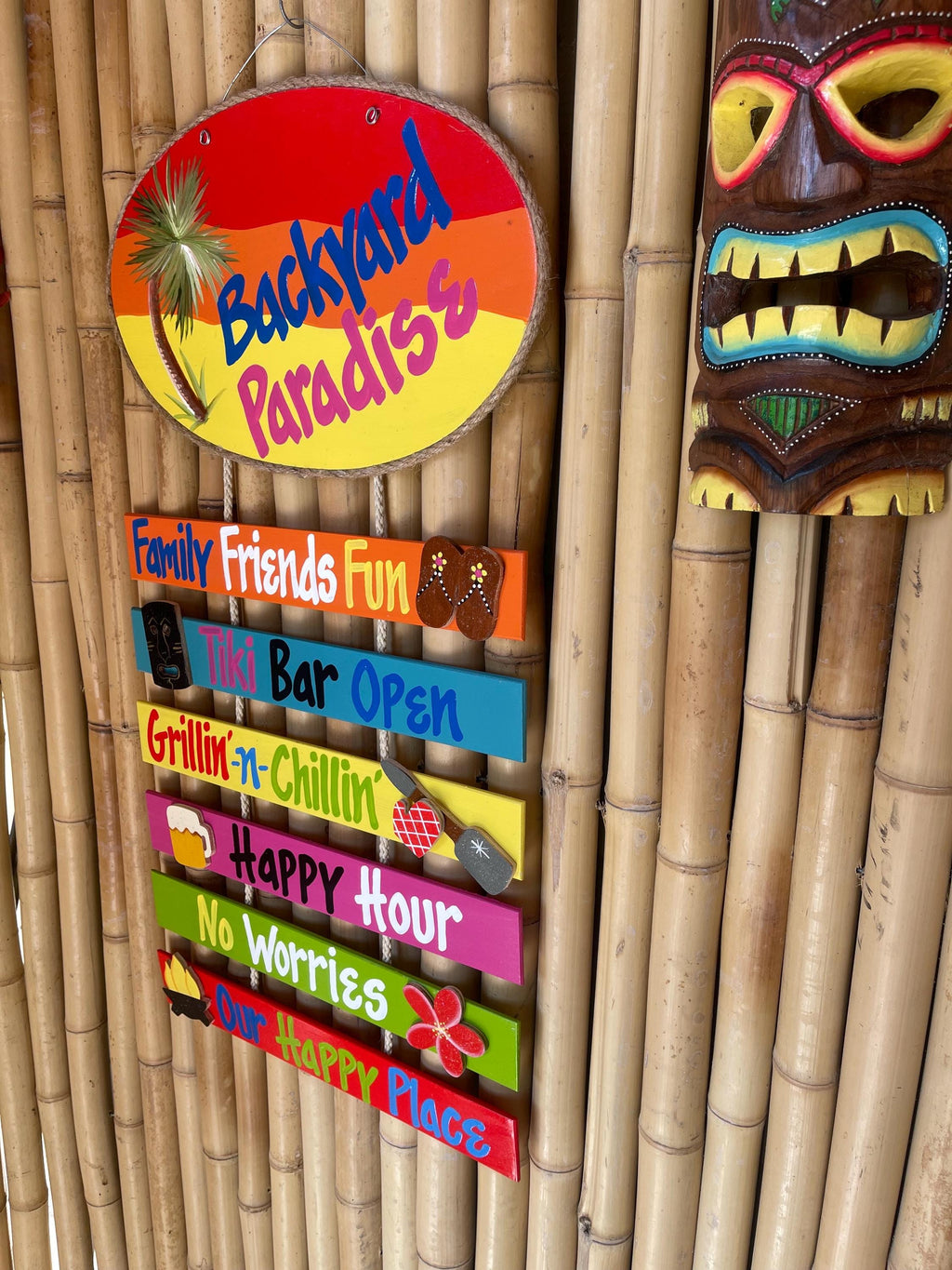 Backyard Paradise Hand Painted Wood Wall Hanger sign Personalized Tiki Bar Sign Outdoor Tropical Decor Deck Patio Handmade Sign Custom Signs