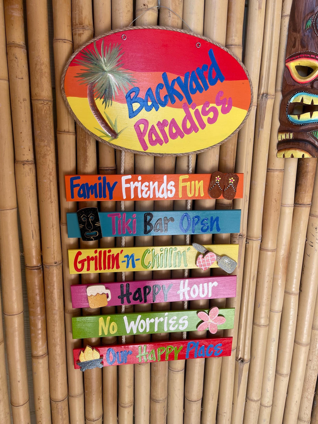 Backyard Paradise Hand Painted Wood Wall Hanger sign Personalized Tiki Bar Sign Outdoor Tropical Decor Deck Patio Handmade Sign Custom Signs