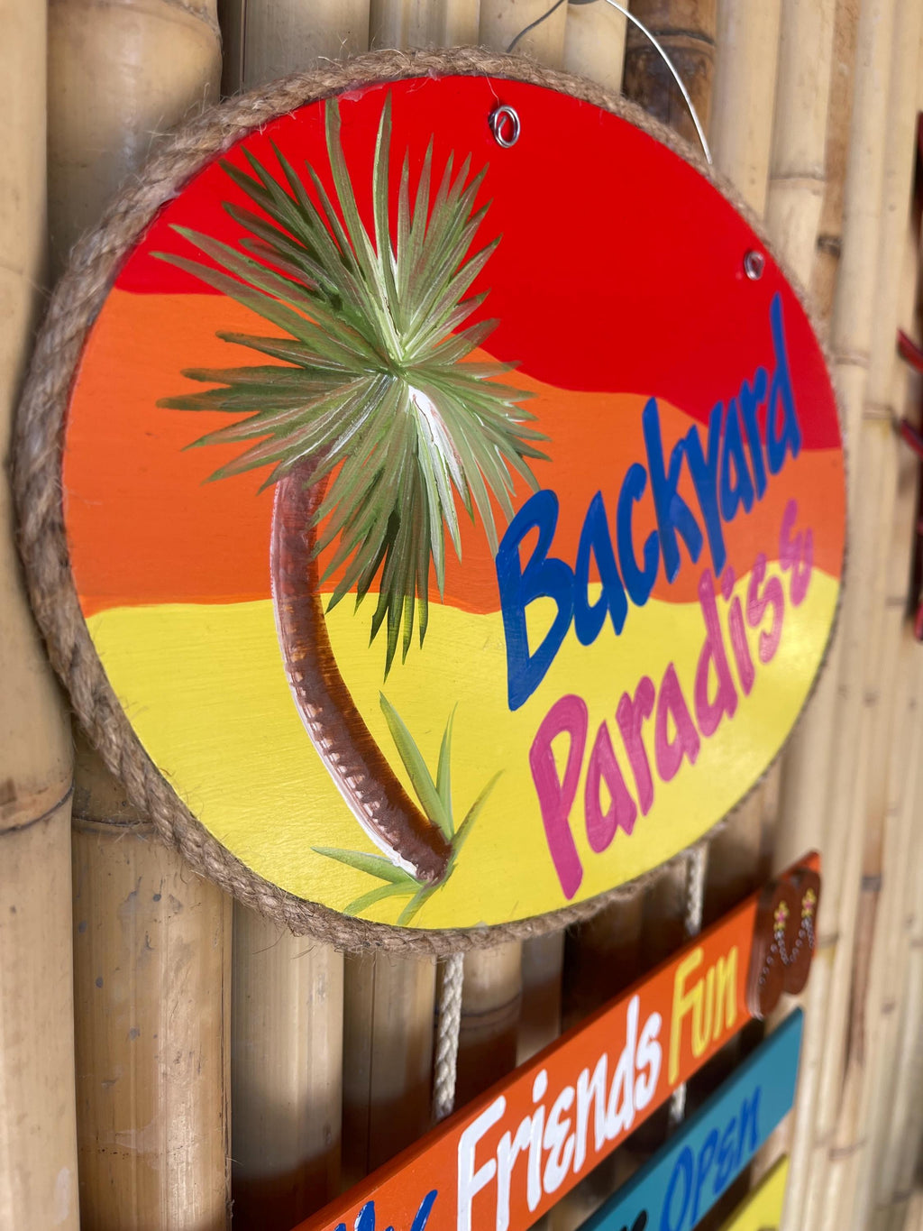 Backyard Paradise Hand Painted Wood Wall Hanger sign Personalized Tiki Bar Sign Outdoor Tropical Decor Deck Patio Handmade Sign Custom Signs