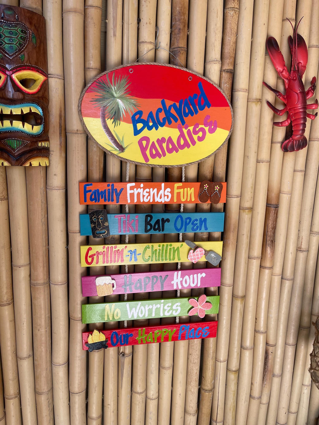 Backyard Paradise Hand Painted Wood Wall Hanger sign Personalized Tiki Bar Sign Outdoor Tropical Decor Deck Patio Handmade Sign Custom Signs